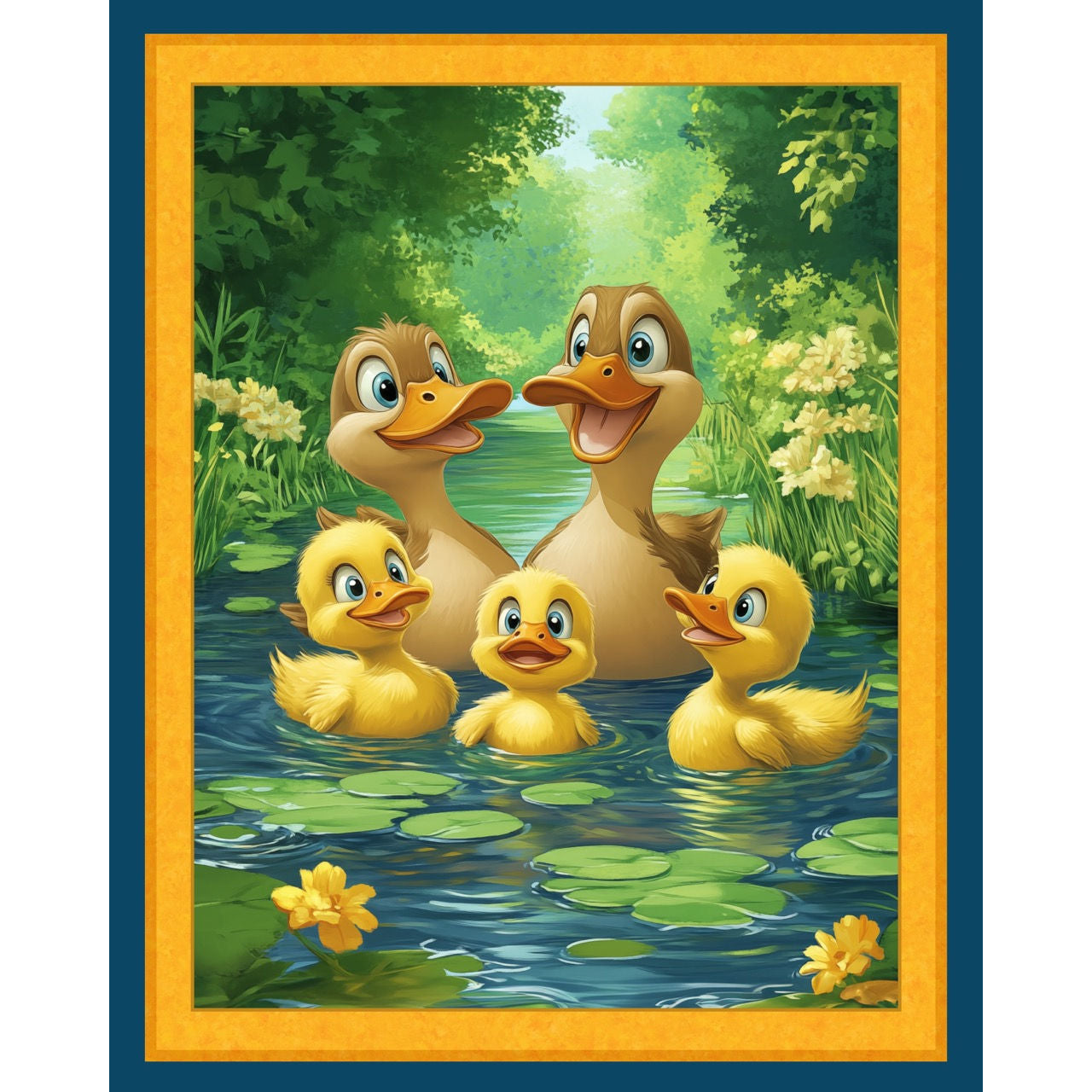 MDG Happy Quackers Duck Quilt Panel | Duckling Fabric Panel | Baby Nursery Quilt Fabric | Duck Family Cotton Panel 36x45