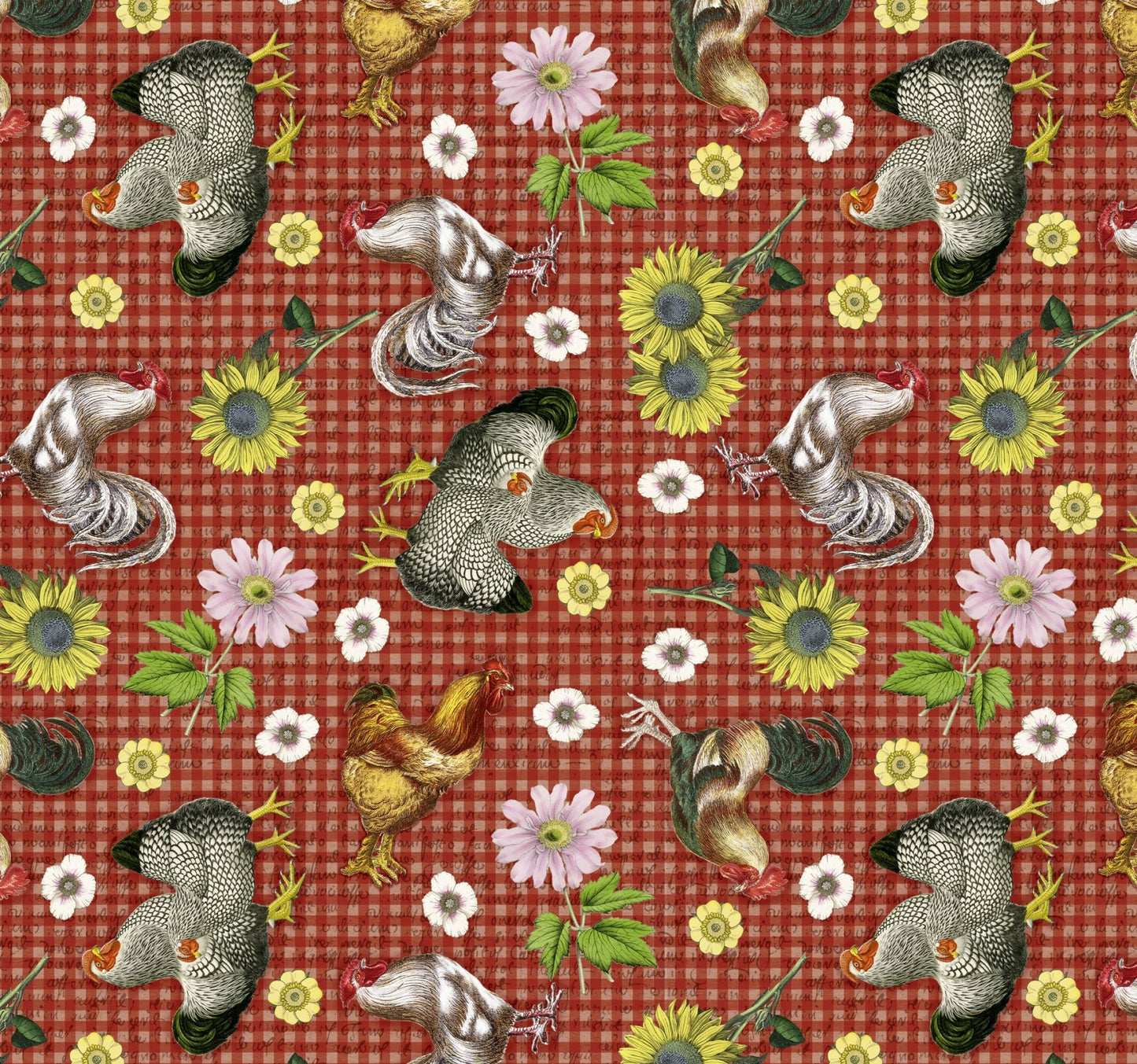 David Textiles Farmhouse Gingham DX-1777-4C Roosters & Florals Quilting Cotton – Red