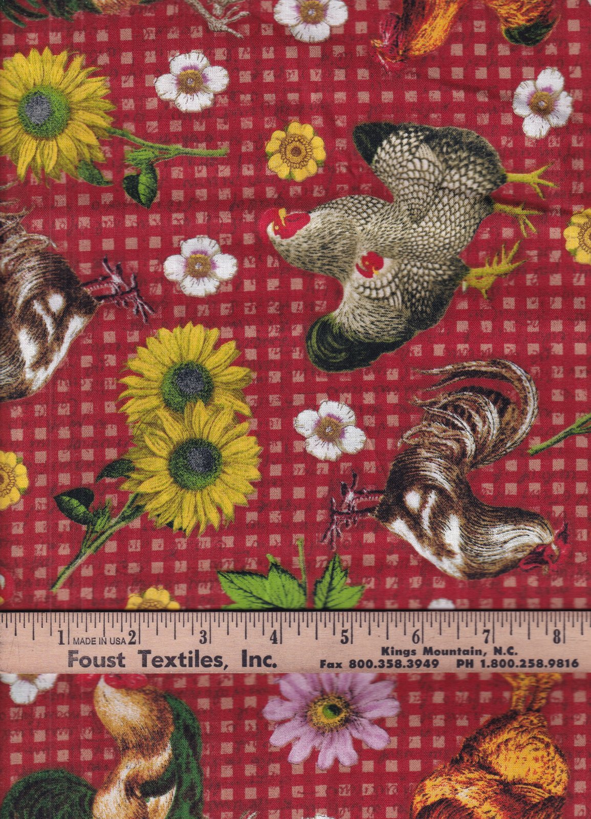 David Textiles Farmhouse Gingham DX-1777-4C Roosters & Florals Quilting Cotton – Red