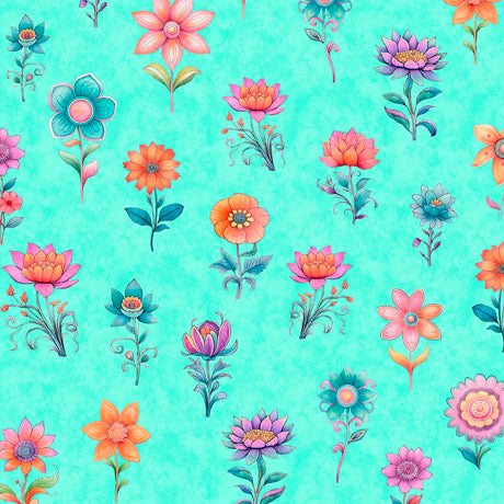 Spring Bling Tossed Flowers Aqua by QT Fabrics