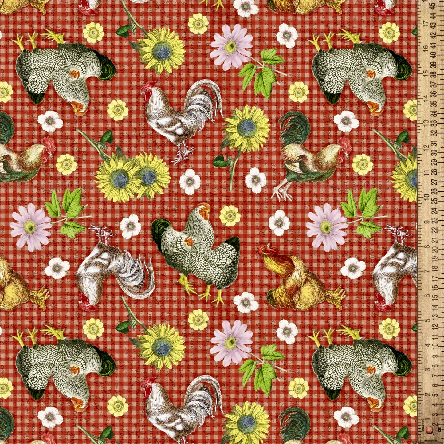 David Textiles Farmhouse Gingham DX-1777-4C Roosters & Florals Quilting Cotton – Red