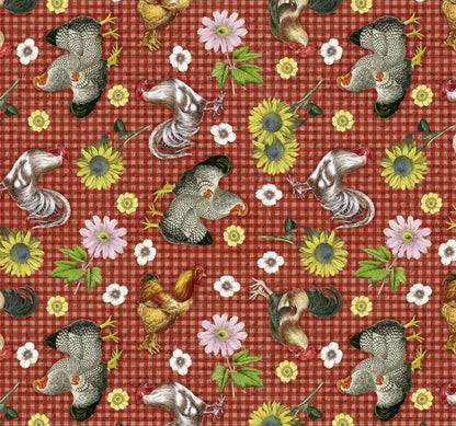 David Textiles Farmhouse Gingham DX-1777-4C Roosters & Florals Quilting Cotton – Red