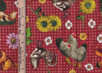 David Textiles Farmhouse Gingham DX-1777-4C Roosters & Florals Quilting Cotton – Red
