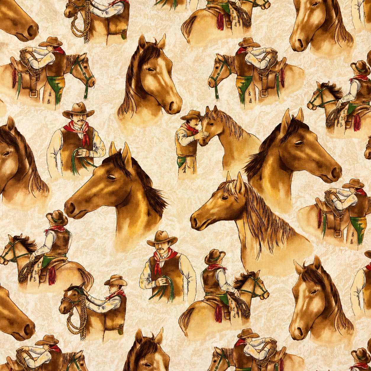 Moda Horseshoe Trail #11250 by Sara Khammash – Cream Western Cowboy & Horse Print