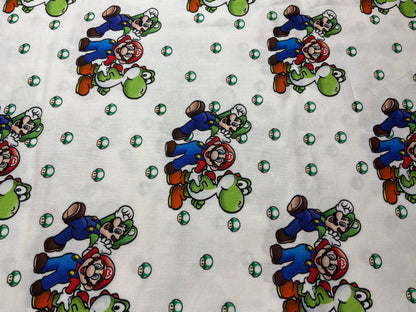 Super Mario™ Mario, Luigi & Yoshi Cotton Fabric | White | Licensed Nintendo Fabric | Sold by the Half Yard