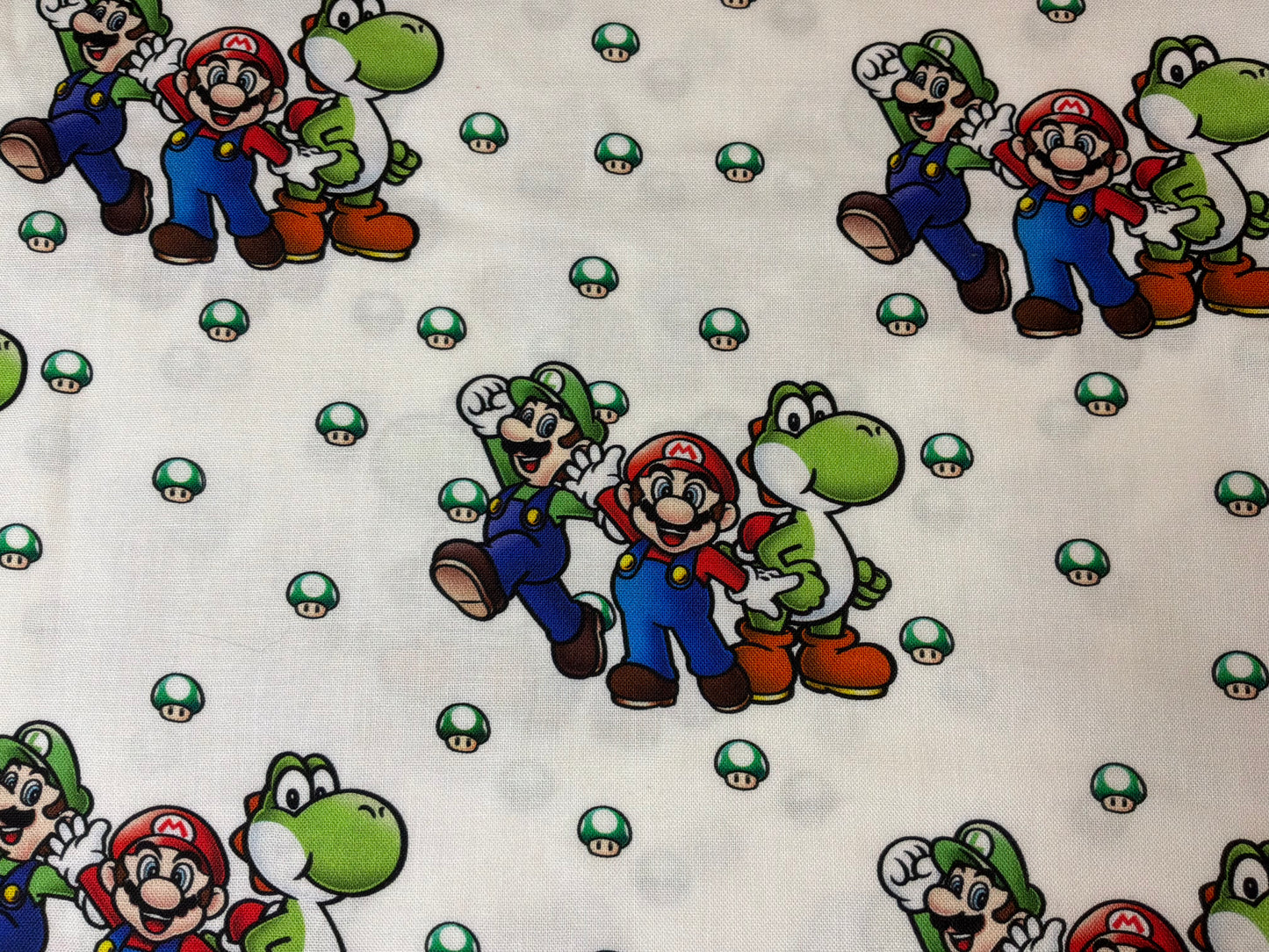 Super Mario™ Mario, Luigi & Yoshi Cotton Fabric | White | Licensed Nintendo Fabric | Sold by the Half Yard