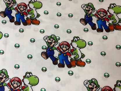 Super Mario™ Mario, Luigi & Yoshi Cotton Fabric | White | Licensed Nintendo Fabric | Sold by the Half Yard